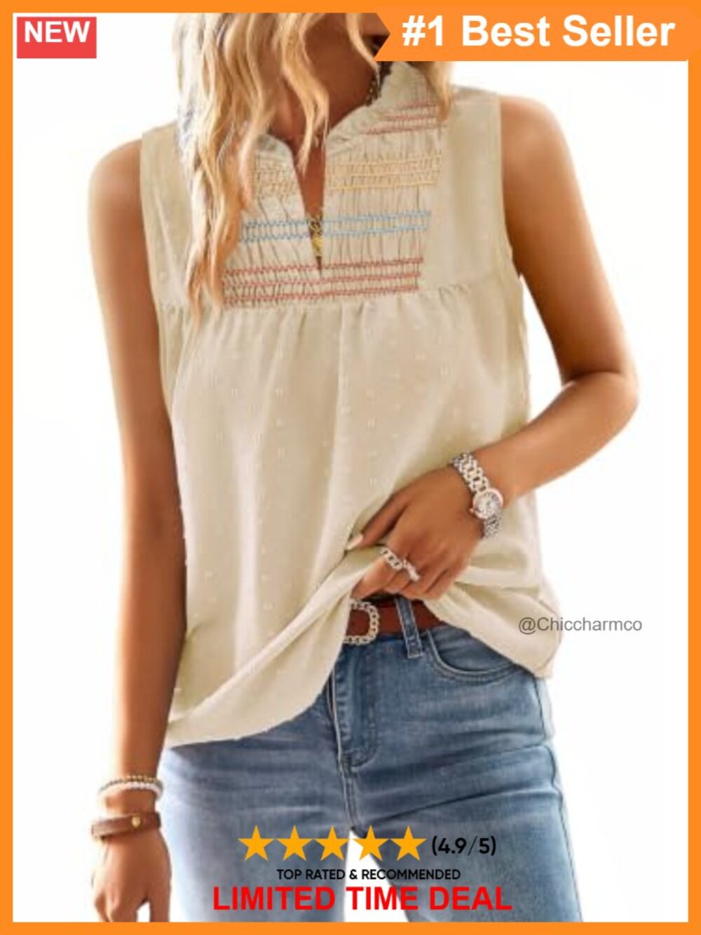 V Neck Sleeveless Tank Top Swiss Dot Crochet Lace Relaxed Fit